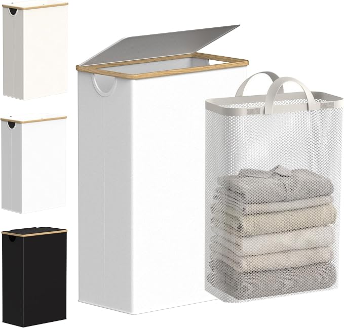 efluky Slim Laundry Basket with Lid, Narrow Laundry Hamper with Removable Bag, Skinny Dirty Clothes Basket with Bamboo Handles for Bathroom, Bedroom & Laundry Room, 75L White