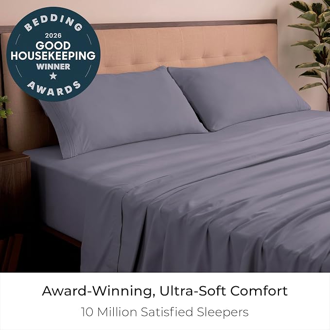 Mellanni Iconic 4-Piece, Ultra Soft Sheet Set (California King, Hazy Lilac) | 10M+ Sleepers. Lab-tested: Sleeps Cool, Stays Bright, Strong, Smooth. Good Housekeeping Best Bedding, 7 yrs running.