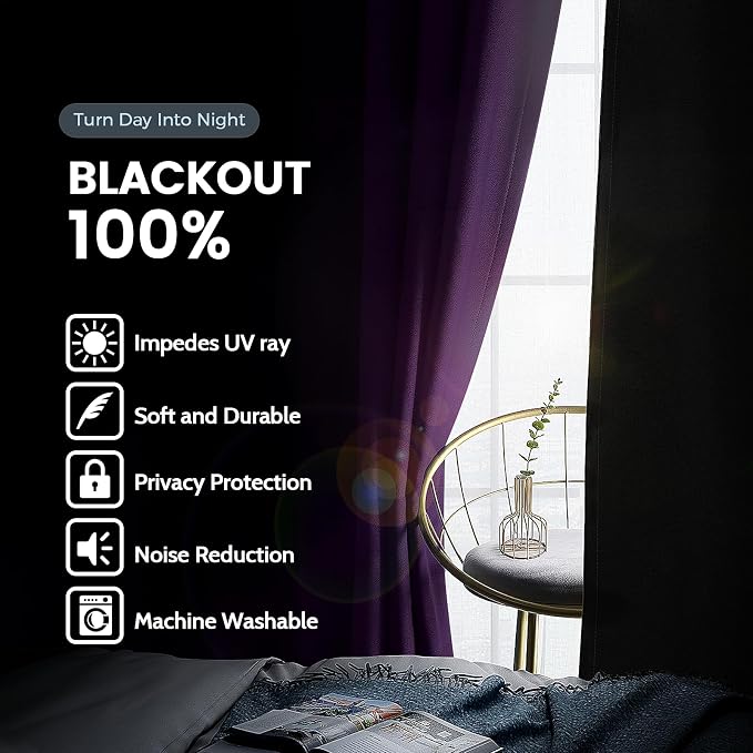 SimpleHome Purple 100% Blackout Curtains Room Darkening Living Room 84 Inch | Curtains for Bedroom,Thermal Insulated Grommet Window Drapes,Curtains for Living Room with Black Back,52 x 84 Inch,2 Panels
