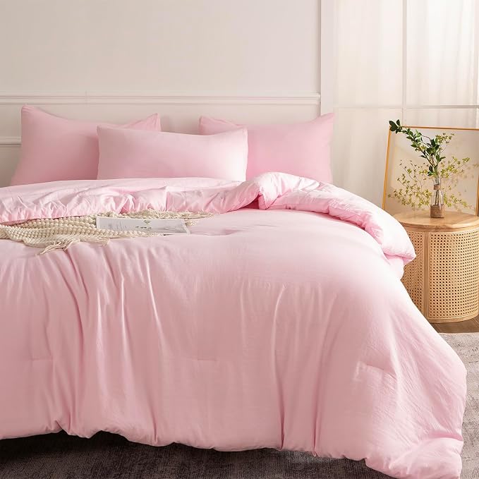King Comforter Pink Set 3 Pieces Soft Bedding Bright Comforter King Lightweight Light Pink Style Comforter Set for All Seasons 1 Comforter and 2 Pillowcases (Pink, King)