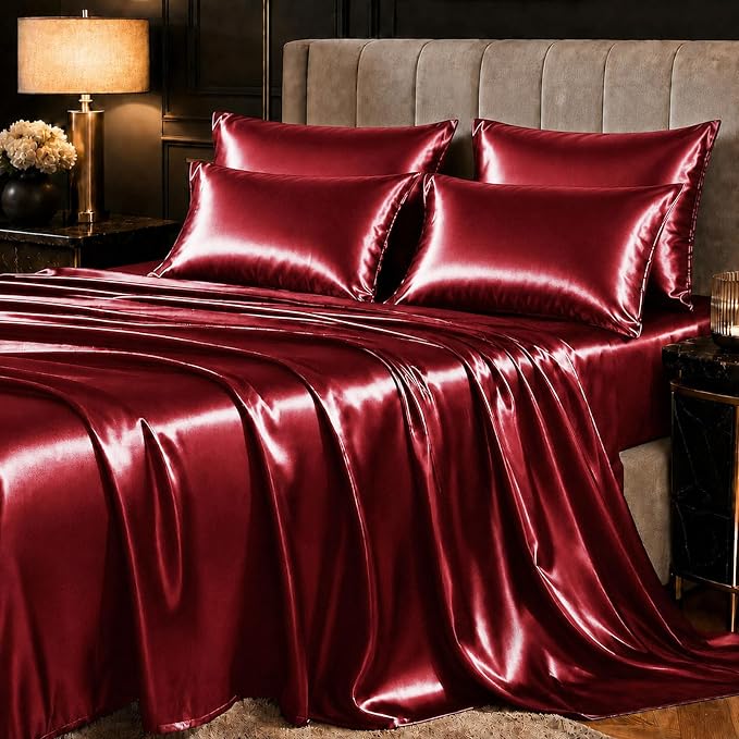 CozyLux Satin Sheets King, 6-Piece 14-Inch Deep Pocket Sheet Set | OEKO-TEX Certified Silky Soft Sheet Set for Hair & Skin, Luxurious Silky-Smooth Satin for Elegant Bedroom Decor, Burgundy