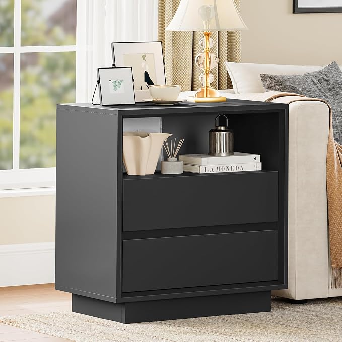 TEENFON Night Stand with 2 Drawers and Open Shelf, Nightstand Bedside Table with Cut-Out Handle, End Table for Bedroom, Black, 17.7″ L × 15.7″ W × 23.6″ H