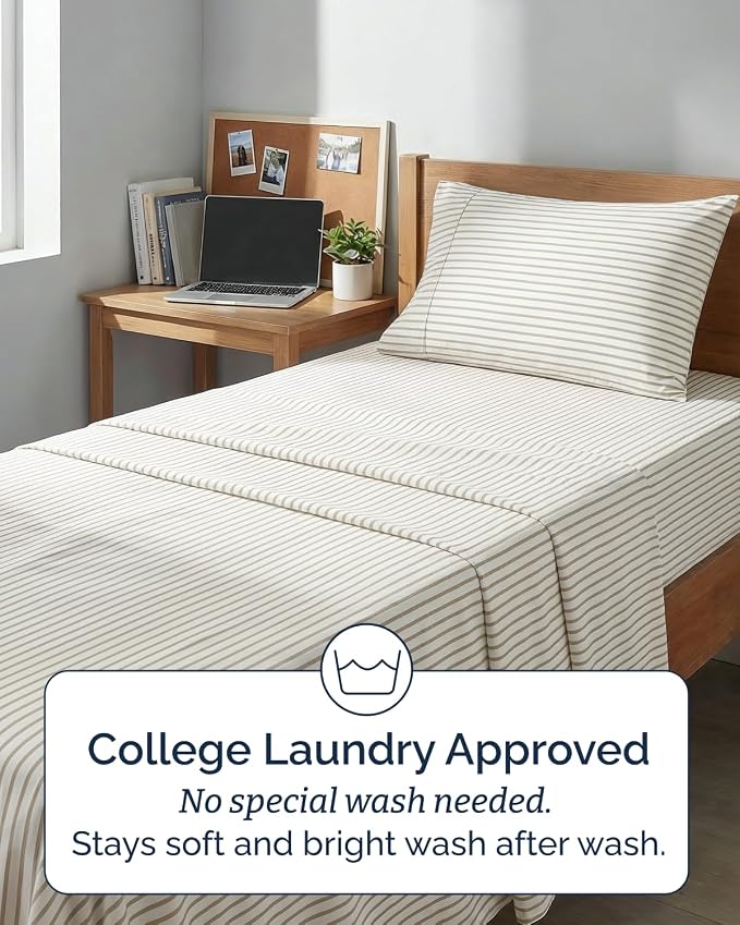 Extra Deep Twin XL Sheet Set - 3 Piece College Dorm Room - Beige Stripes | Soft, Breathable & Cooling, Easily Fits 18 to 24 inch Mattress, Wrinkle Free & Fade Resistant with Extra Deep Pockets