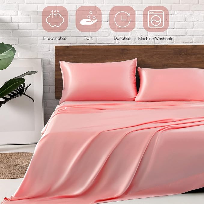 MR&HM Satin Sheets King Size with Elastic Corner Straps, Blush | Similar to Silk, 4-Piece Silky Soft Bed Sheet Set, Gentle on Skin and Hair, 15" Deep Pocket, Cooling & Breathable