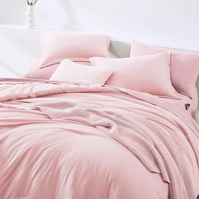 Queen Comforter Set-7 Pieces Soft Prewashed Bed in a Bag Queen Bedding Sets | All Season Comforter with Sheets, Pillow Shams & Pillowcases, Soft Pink