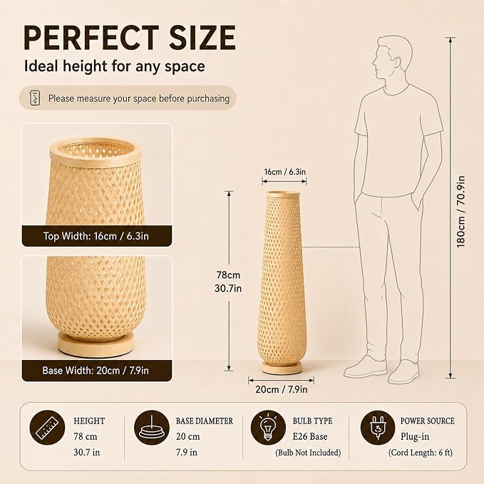 Boho Style Bamboo Woven Floor Lamp for Living Room,36 in,Cozy Decor | Handcrafted Wicker Shade,Unique Shadow Pattern,No Assembly Required,3000K Warm Ambient Lighting,Suit for Bedroom Corner