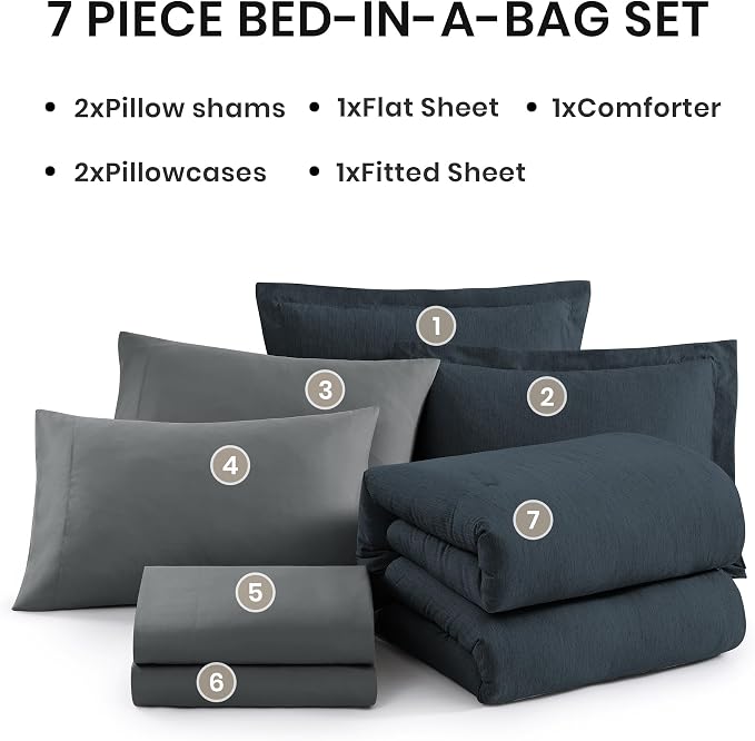 Monbix Full Comforter Set 7 Pieces Navy Blue Cationic Dyeing Bed in a Bag | Lightweight Reversible All Season Bedding Sets with Comforter, Sheets, Pillowcases & Shams