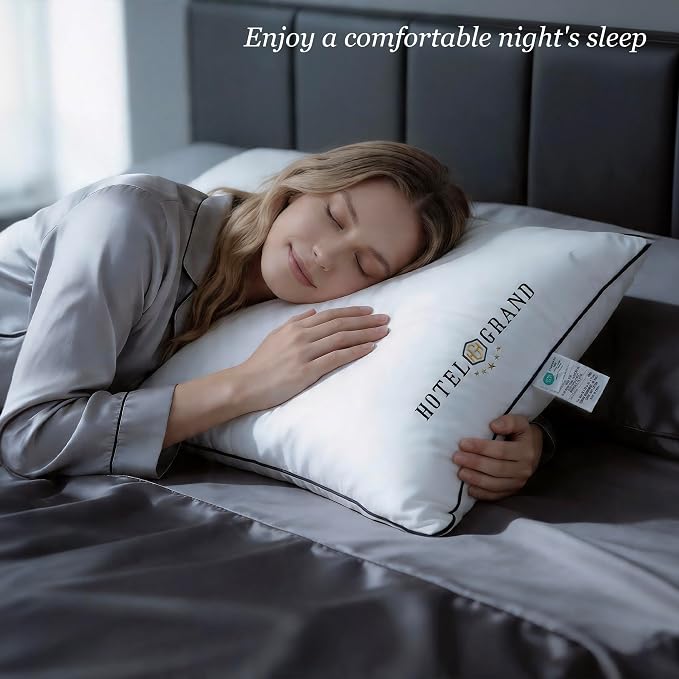 Hotel Grand Bed Pillows Queen Size Set of 2, Medium Soft Down Alternative | Sleeping Pillows for Side Back Stomach Sleepers, 400 Thread Count Breathable Cotton Cover, 20x28 Inches, White
