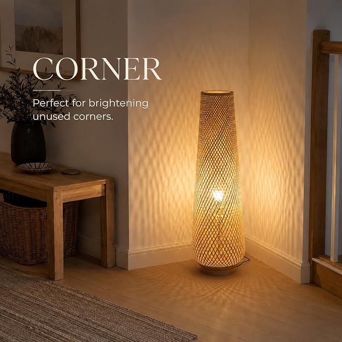 Boho Style Bamboo Woven Floor Lamp for Living Room,36 in,Cozy Decor | Handcrafted Wicker Shade,Unique Shadow Pattern,No Assembly Required,3000K Warm Ambient Lighting,Suit for Bedroom Corner