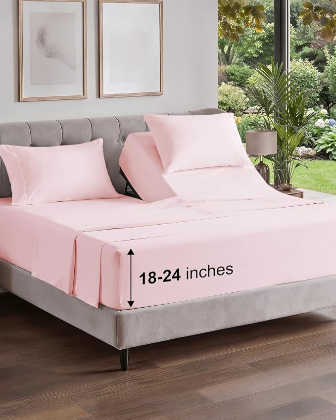 Flex Top Split Head King Sheet Set - 4 Piece Extra Deep - Lavender Pink | Easily Fits 18 to 24 inch Mattress, Ultra Soft, Wrinkle & Fade Free with Extra Deep Pockets, Comfy Hotel Luxury Bedding