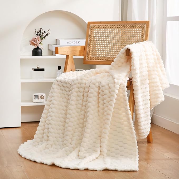 Cream White Throw Blanket 50"×60" inches Fuzzy 3D Jacquard Decorative | Flannel Fleece Super Soft Plush Cozy Blanket for Couch Sofa Chair Lightweight