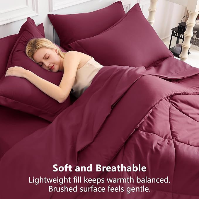 Twin XL Comforter Set with Sheets Burgundy - 5 Pieces Bed in a Bag | College Dorm Essentials, OEKO-TEX Certified, All Season, 240GSM Down-Alternative Comforter, Sheets, Pillowcase & Sham