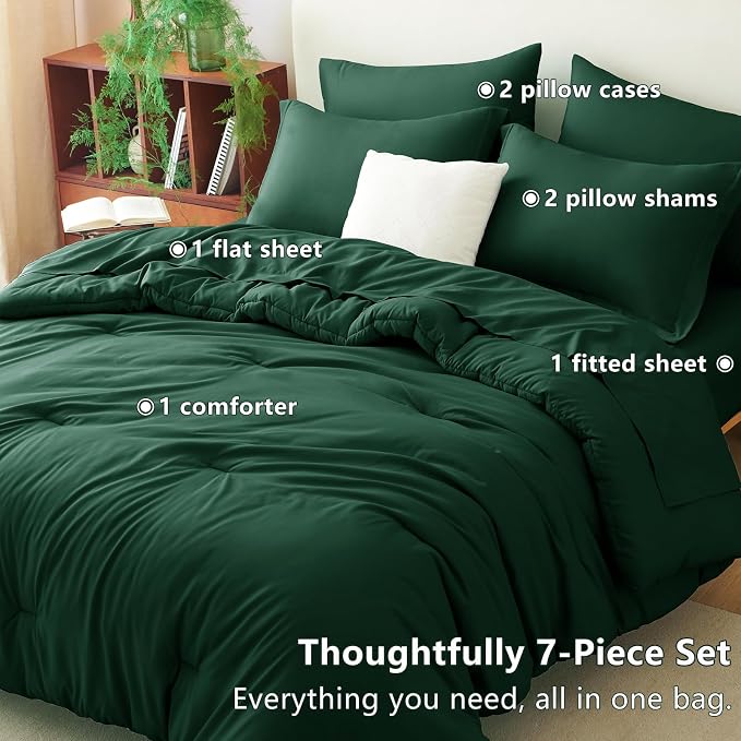 King Size Comforter Set Emerald Green, 7 Pieces Bed in a Bag | OEKO-TEX Certified, All-Season, Bedroom, 240GSM Down Alternative Comforter, Flat & Fitted Sheets, 2 Pillowcases & 2 Shams