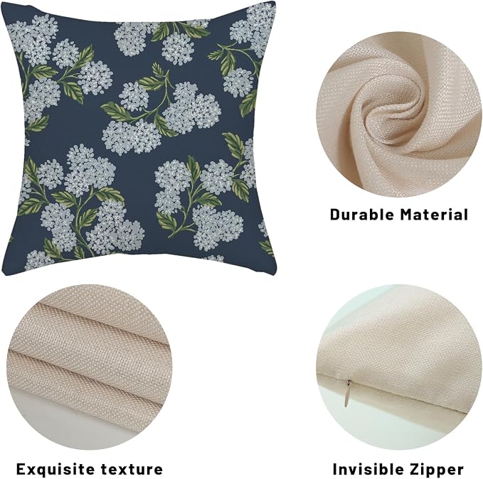 Navy Blue Spring Pillow Covers 16x16 Inch 2 Pcs Blue Green Hydrangea Flower Decor Throw Pillows Vintage Floral Seasonal Summer Outdoor Decoration Pillowcase Linen Cushion Cover for Couch Sofa