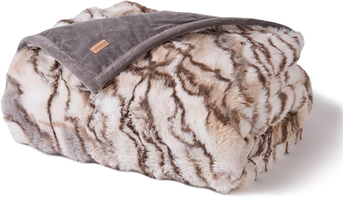 EverGrace Faux Rabbit Fur Bubble Throw Blanket, 50"x60", Beige & Gray | Ultra Soft, Luxury Faux Rabbit Fur Throw, Thick Warm Bubble Blanket, Cozy Fluffy Reversible, for Bed, Couch, Chair, Sofa
