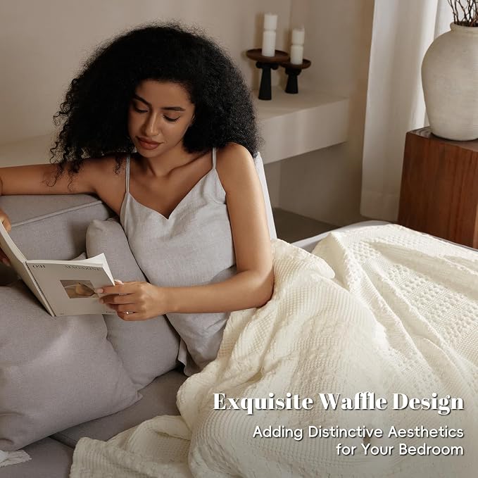 PHF Lightweight 100% Cotton Waffle Blanket for Bed, King, Cannoli Cream | Pre-Washed Soft Cotton Comfort, Breathable Layering Warmth for Fall & Winter, Bed, Sofa, Couch, Home Decor & Gifts