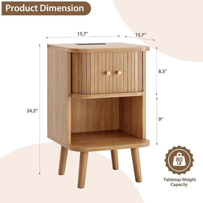 Decofy Fluted Nightstand Set of 2, Mid Century Modern Bedside Table with Charging Station, Walnut End Tables with Sliding Tambour Doors, Storage Cabinet and Open Shelf for Bedroom, Oak | Open Shelf, Space-Saving, Concealed Cabinet Storage, Mid Century ...