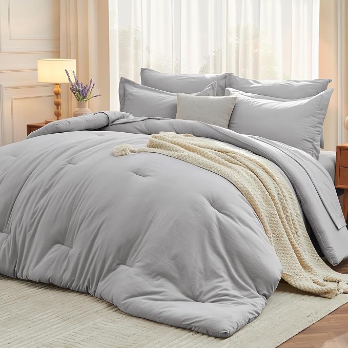 5 Pieces Twin Comforter Set, Soft Bed in a Bag Twin Size, All Season Bedding Set with Comforter, Flat Sheet, Fitted Sheet, Pillowcases & Shams, Light Grey