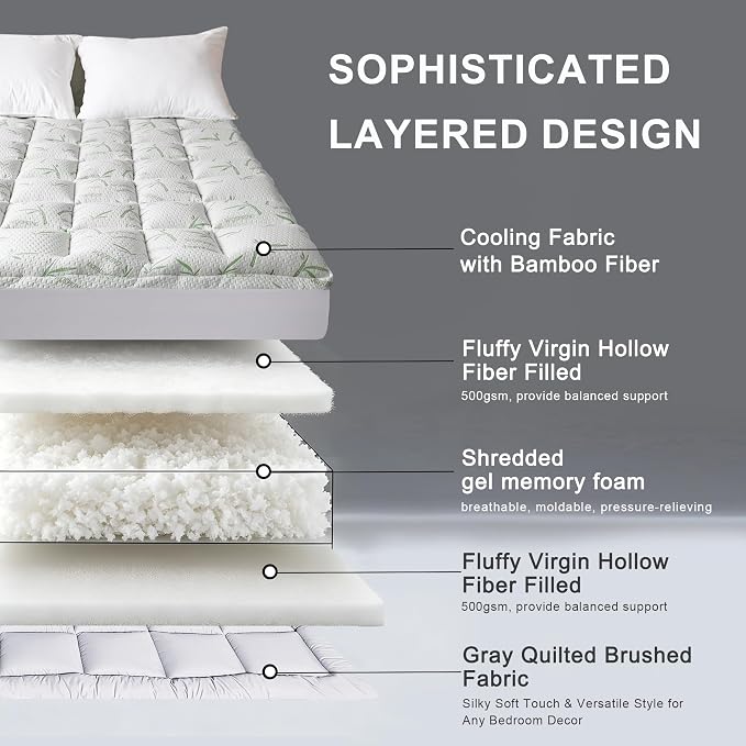 4 Inch Mattress Topper Full Size Memory Foam Bamboo Pillow Top Back Pain | Breathable Hypoallergenic OEKO-TEX Certified Deep Pocket 21 Inch Fits Twin Full Queen King Machine Washable