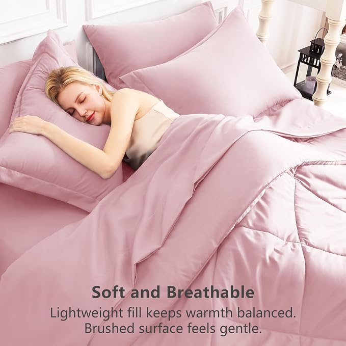 Full Size Comforter Sets Pink - 7 Pieces Complete Bedding Set | OEKO-TEX Certified, All Season, 240GSM Down-Alternative Comforter, Sheets, Pillowcases & Shams, 14" Deep Pocket, Easy Care