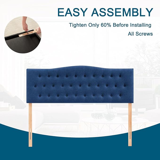 Tufted Headboard Full Size, Solid Wood Adjustable Height Head Board, Blue | Upholstered Full XL Headboard Only with Durable Solid Wood Legs, Adjustable Height 37-51 in, Fabric Button Diamond HeadBoards