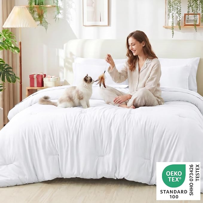 Twin XL Comforter White, 5 Pieces Bed in a Bag | College Dorm Essentials, OEKO-TEX Certified, 240GSM Down Alternative Comforter, Flat & Fitted Sheets, Pillowcase & Sham
