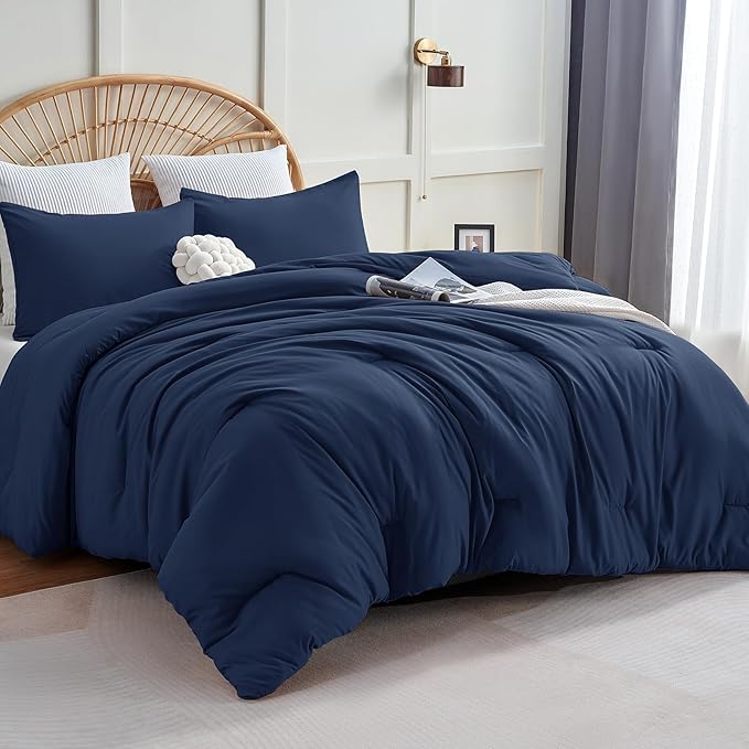 California King Comforter Set, 3 Pieces Navy Blue Quilted Bedding | 270 GSM Down Alternative Fill, 4 Corner Ties for Duvet Insert Use, All Season, OEKO-TEX Certified, 2 Pillowcases, 104 x 96 in