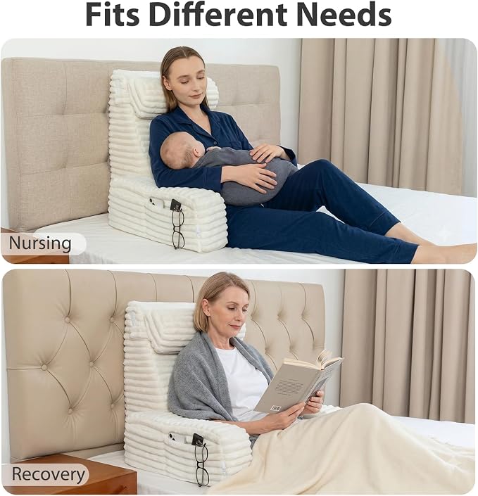 ENITYA 22" XL Back Pillow for Bed Sitting Up with Armrests & Big Pockets | Reading Pillow for Sitting in Bed Adult, Back Support Wedge for Reading/Resting/Post Surgery/Watching TV/Gaming,Ivory