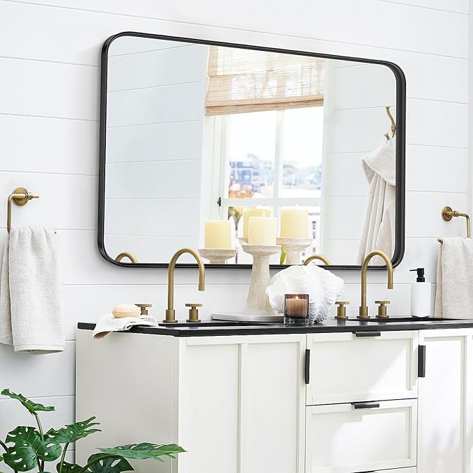 NEWBULIG Bathroom Mirror for Over Sink, 30X40 Inch Wall Vanity Mirror | Wall Mount, Tempered Glass, Anti-Rust Metal Framed, Rounded Rectangle, Farmhouse Home Decor, Black