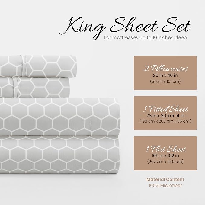 Linen Market 4 Piece King Sheet Set - Breathable, Double-Brushed Patterned Cooling Sheets – Oeko-TEX Certified Ultra Soft & Wrinkle-Free 16" Deep-Pocket King Sheets - Easy Care Honeycomb Light Gray