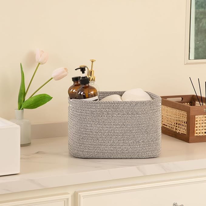 OIAHOMY 4 Pack Storage Baskets for Organizing 15L Cube Storage Bins Grey | Woven Baskets for Storage Rectangle Small Baskets With Handles Baskets for Shelves Wicker Baskets for Shelves 12.7x9x7.8inch