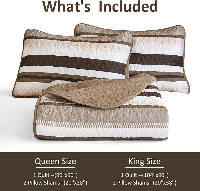 WONGS BEDDING Striped King Quilt Bedding Set, Brown Lightweight Bedspread | Lightweight Microfiber Coverlet, Breathable All-Season, Machine Washable, 3-Piece Set 110"x90", Great for Men Boys Dorm Room