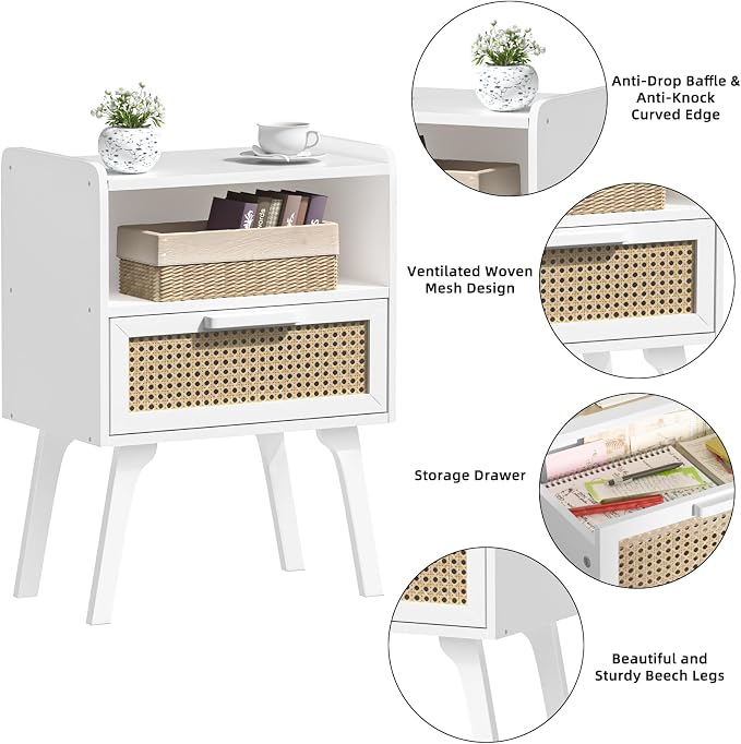 Lerliuo Rattan Nightstands Set of 2, Bedside Table with Drawer Open Shelf | Cane Accent Side End Table with Solid Wood Legs, White Mid Century Night Stand for Bedroom, Dorm and Small Spaces