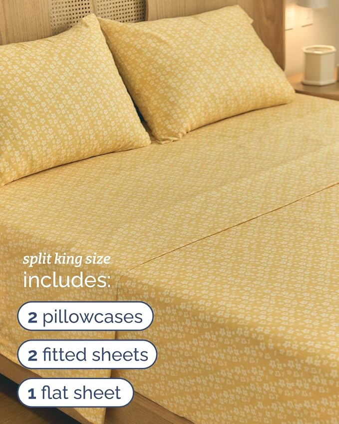 Split King 5 Piece Floral Sheet Set - Breathable & Cooling - Yellow Meadow | 1 Flat, 2 Fitted & 2 Pillowcases w/ Deep Pockets, Boho Botanical Floral Bedding, Breathable & Cooling, Wrinkle & Fade Free