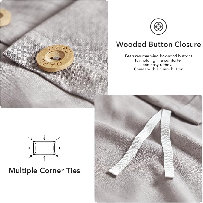 DAPU Linen Duvet Cover Set - French Linen Cotton Blend Natural Flax Soft Breathable Bedding 3 Pcs Set - 1 Duvet Cover 2 Pillowcases (Gray, Queen/Full)