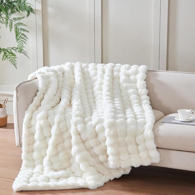 60x80 Inches Ultra-Soft Fuzzy Faux Fur Plush Twin Size Blanket - Thick, Warm Sherpa for Couch, Sofa, Bedroom, Camping - Decorative Blanket for Cozy Warmth, Bubble Ivory White