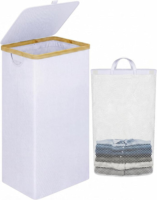 IEGrow Laundry Hamper with Lid,110L Laundry Basket with Mesh Bags,White | Dirty Clothes Hamper Basket with Bamboo Handle for Clothes Towels