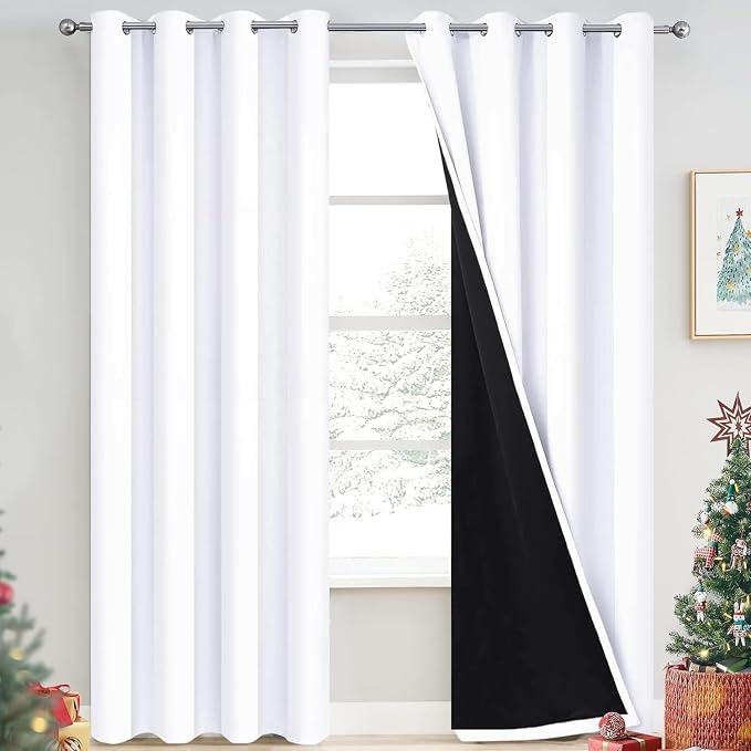 Yakamok Pure White 100% Blackout Curtains 90 Inches Long 52" Wide 2 Panel | Blackout Curtain Panels for Bedroom, 2 Thick Layers Grommet Top Thermal Insulated Drapes with Black Liner for Living Room
