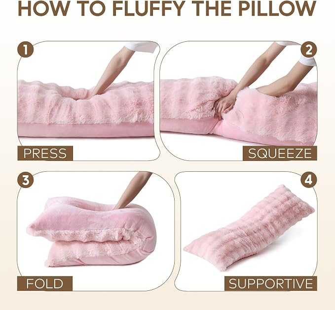 DOWNCOOL Premium Large Body Pillow Insert with Faux Rabbit Fur Cover - Large Full Body Pillows for Adults - Soft Long Bed Pillows for Side Sleepers - 20x54 inch (Pink, with Cover)