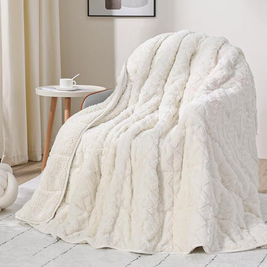 Drewin 20lbs Weighted Blanket Queen Size for Adults,Cream White,60" x 80" | Stress Relief & Promotes Sleep,Cozy Heavy Throw Blankets,Soft Jacquard Sherpa with Glass Beads,Machine Washable