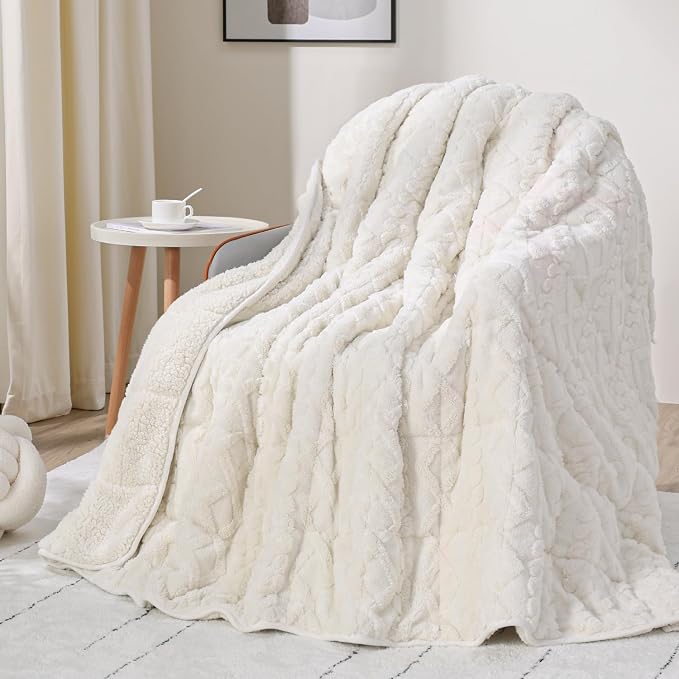 Drewin King Size Weighted Blankets for Adults 15lbs,Cream White,80" x 87" | For Naps, Relaxation, Stress Relief & Better Sleep,Soft Jacquard Sherpa Filled with Glass Beads, Machine Washable