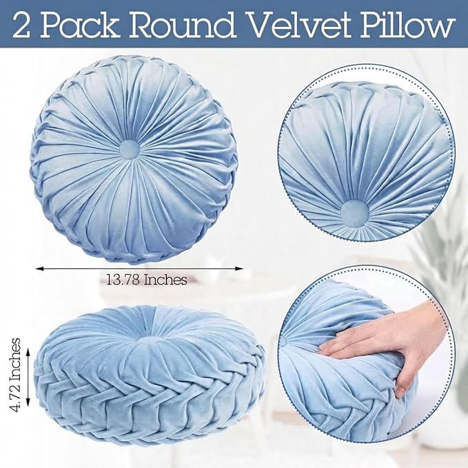 Kathfly 2 Pcs Decorative Round Pleated Throw Pillows, Classy Velvet Pumpkin Round Throw Pillows, Decorative Floor Pillow for Bed Chair Home Sofa Decor, 14" Diameter (Sky Blue)