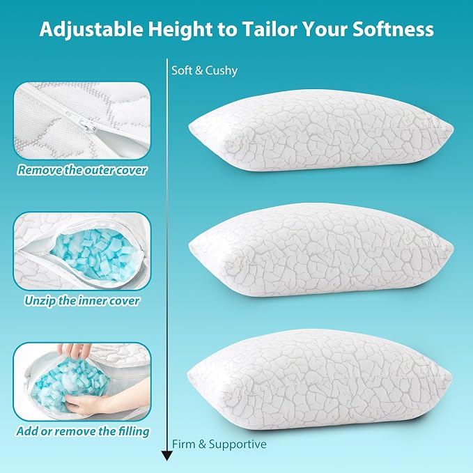 Cooling Pillows King Size Set of 2, Shredded Memory Foam | Adjustable for Hot Sleepers, Cold Pillows, Firm Bed Pillows, Side Back Stomach Sleeping, Removable Washable Cover