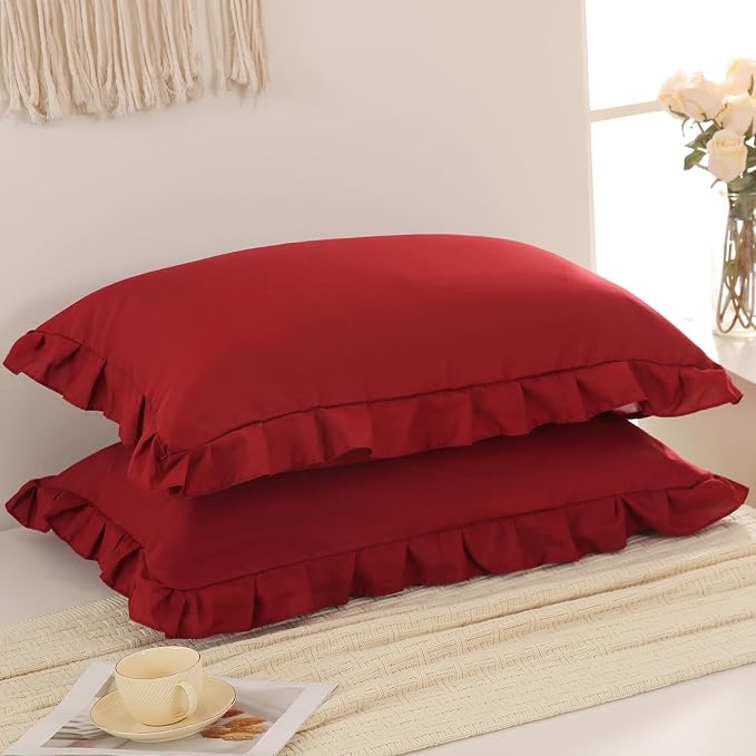 Burgundy Pillow Shams Cute Ruffle Queen Pillowcases Solid Pillow Cover Set of 2 Shabby Chic Soft Red Pillowcases 2 Pack (Queen (20''x30''), Burgundy)