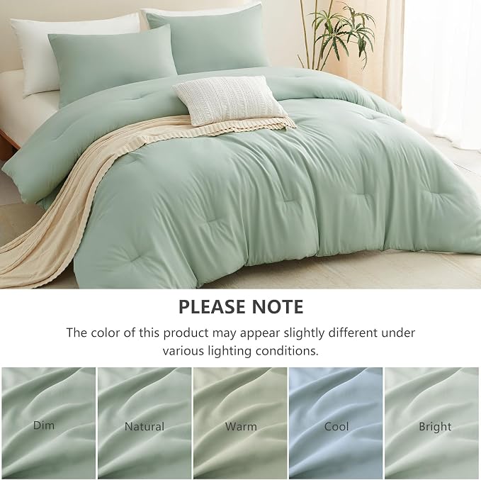 King Comforter Set, 3 Pieces Down Alternative Bedding, Sage Green | 270 GSM All Season Comforter with 4 Corner Ties for Use as a Duvet Insert, OEKO-TEX Certified, 2 Pillowcases, 102 x 90 in