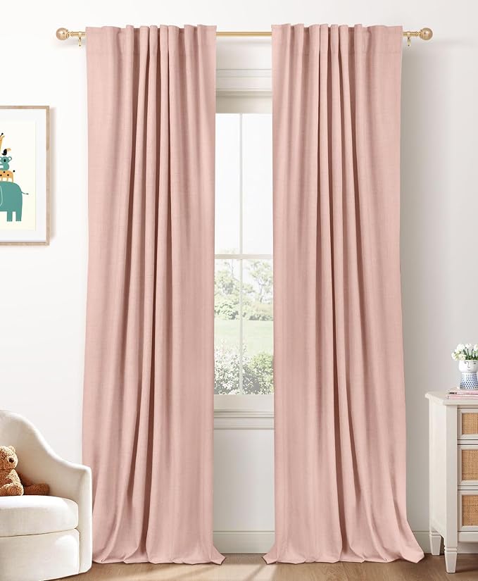Faux Linen Total Blackout Curtains for Bedroom 80 Inch Long Blush Pink | 100% Blackout Shield, Back Tab/Rod Pocket Living Room Drapes, Thermal Insulated Blackout Curtains 2 Panels Set, 50"W x 80"L