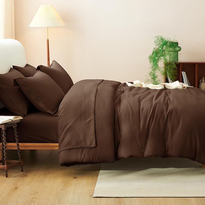 King Size Comforter Set Brown, 7 Pieces Bed in a Bag | OEKO-TEX Certified, All-Season, Bedroom, 240GSM Down Alternative Comforter, Flat & Fitted Sheets, 2 Pillowcases & 2 Shams
