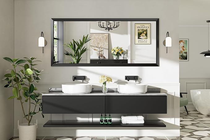 Black Metal Framed Bathroom Wall Mirror, 72x32 Inch | Anti-rust, HD tempered glass, for bathroom vanity, bedroom, living room, horizontal or vertical mount