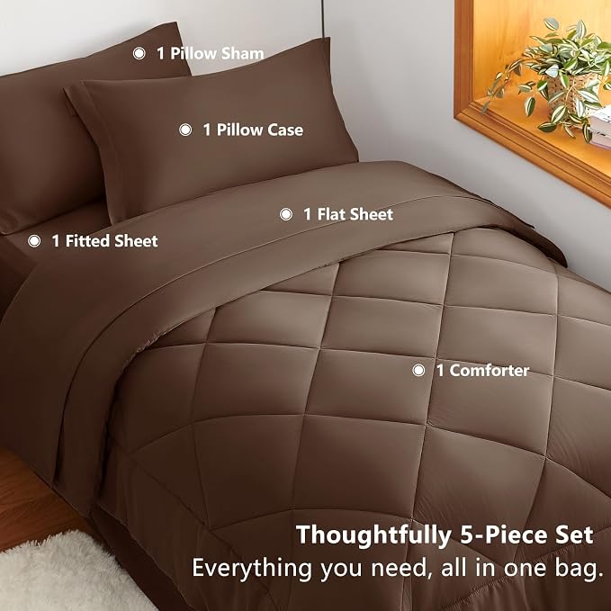 Twin XL Comforter Set with Sheets Brown - 5 Pieces Bed in a Bag | College Dorm Essentials, OEKO-TEX Certified, All Season, 240GSM Down-Alternative Comforter, Sheets, Pillowcase & Sham