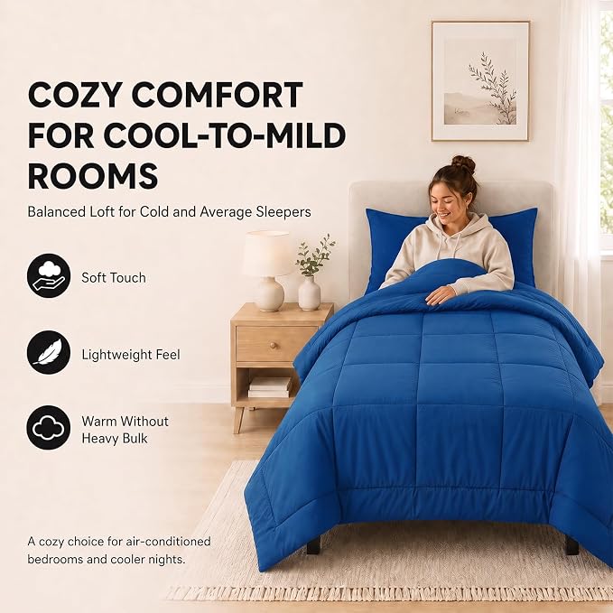 Twin XL Comforter Set Classic Blue - 5 Pieces Twin XL Bed in a Bag | College Dorm Essentials, OEKO-TEX Certified, All Season, Down-Alternative Comforter + Flat & Fitted Sheets + 2 Pillowcases